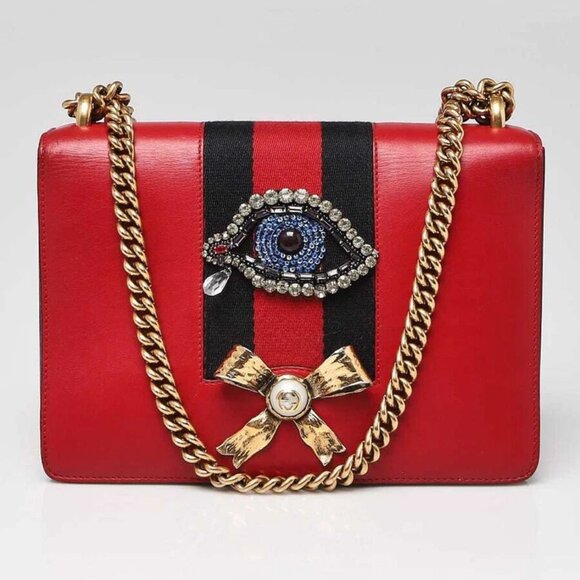 Gucci Red Leather Peony Medium Eye Chain Shoulder Bag - Picture 1 of 11